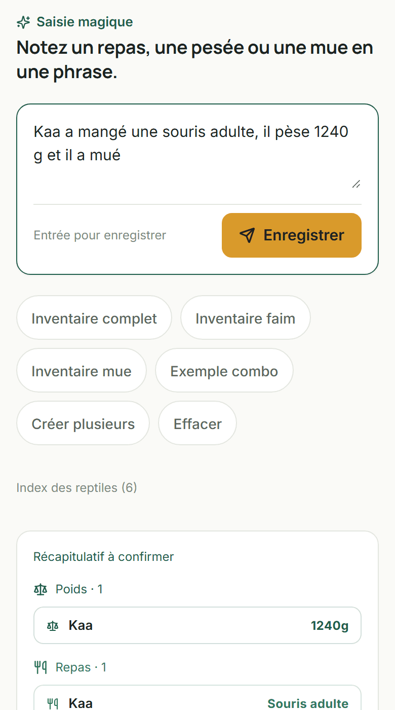 Saisie magique de ReptiLab : une phrase devient un repas, une pesée et une mue
